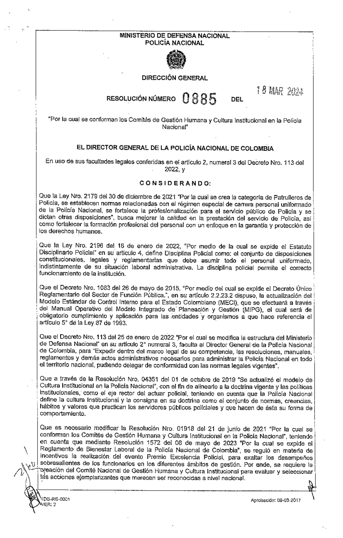 Resolución 0885 del 18 MAR 2024: Comités de Gestión Humana y Cultura en la - Document Preview