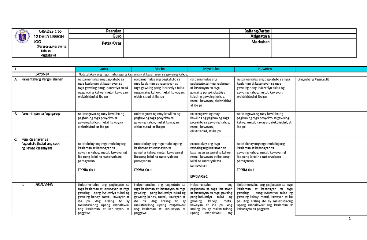 Grade 6 EPP - God bless - LEARNING PLAN SUBJECT EPP GRADE LEVEL 6 I ...
