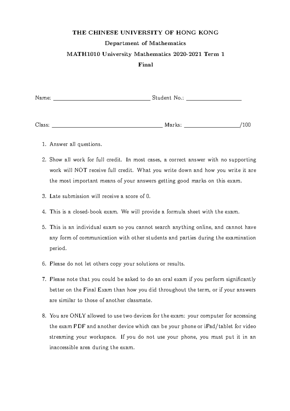 Math1010 Final Exam Past Paper For 2020 2021 Term 1 Studocu