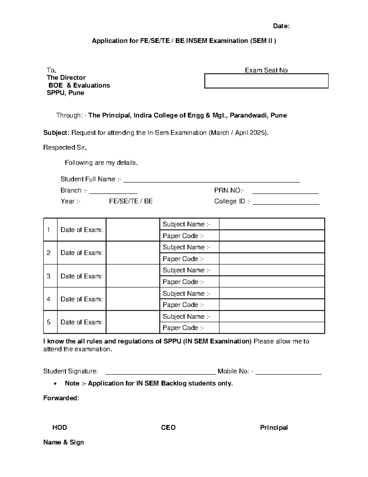 Attend exam Application Forms FE SE &TE BE 2025 Insem - Date ...