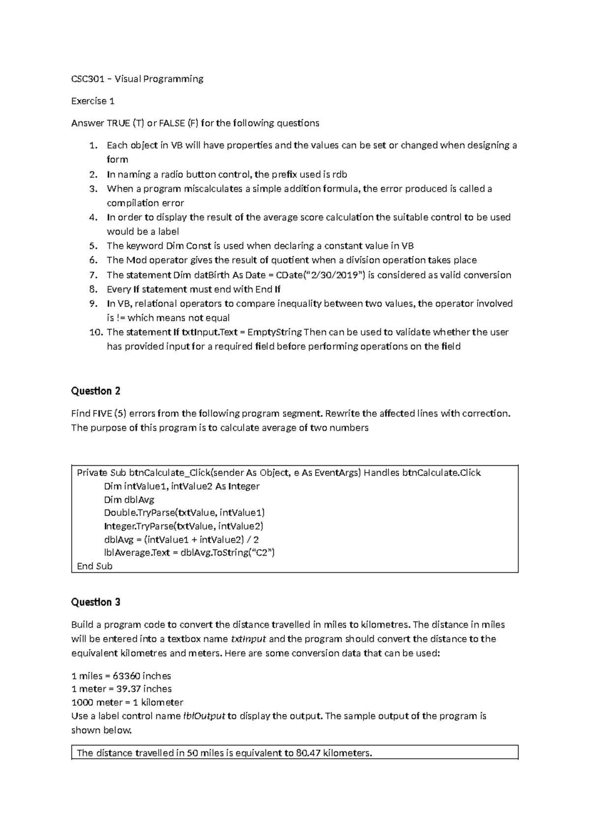Exercise 1 - e2eeadass - CSC301 – Visual Programming Exercise 1 Answer ...
