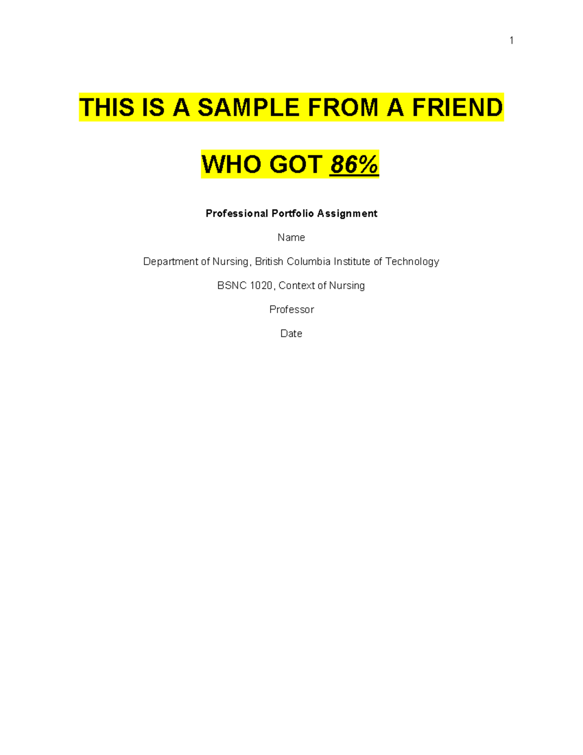 BSNC 1020 Professional Portfolio Sample - Nursing Student Reflection ...