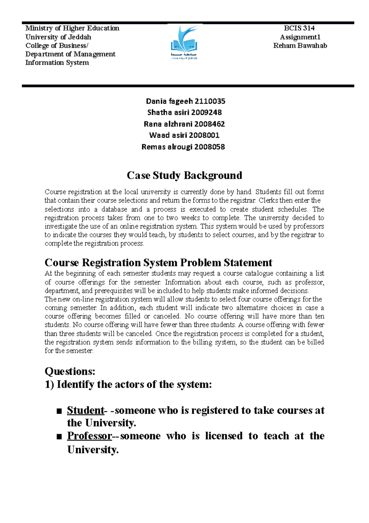 BCIS 314 Case Study 1: Online Course Registration System Analysis - Studocu