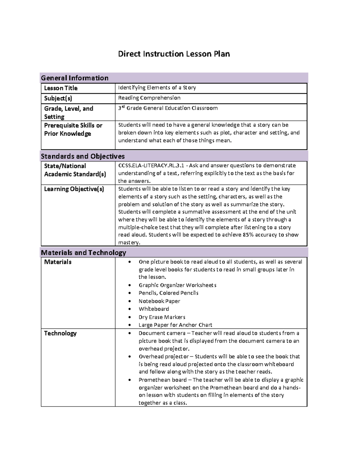 Reading Methods and Intervention Direct Instruction Lesson Plan ...
