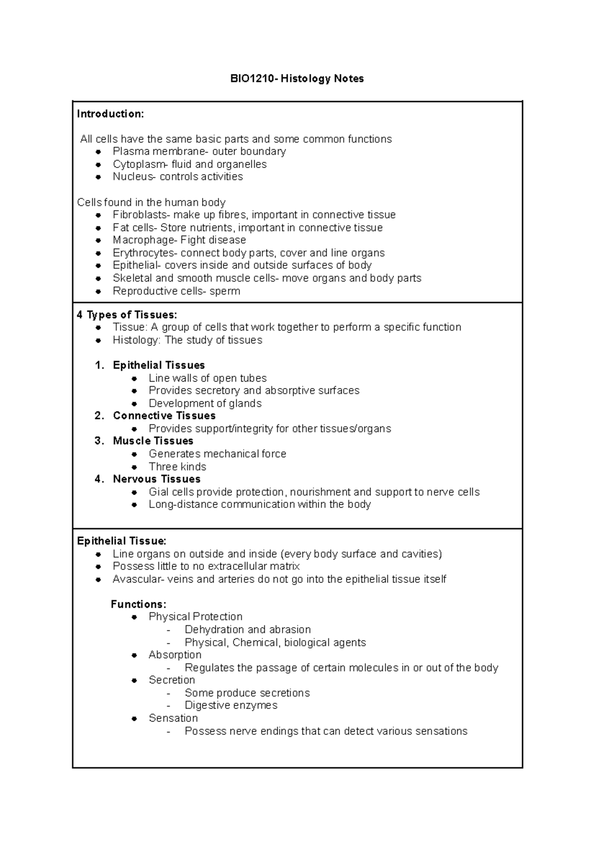 BIO1210 - Comprehensive Histology Notes on Tissue Types and Functions ...