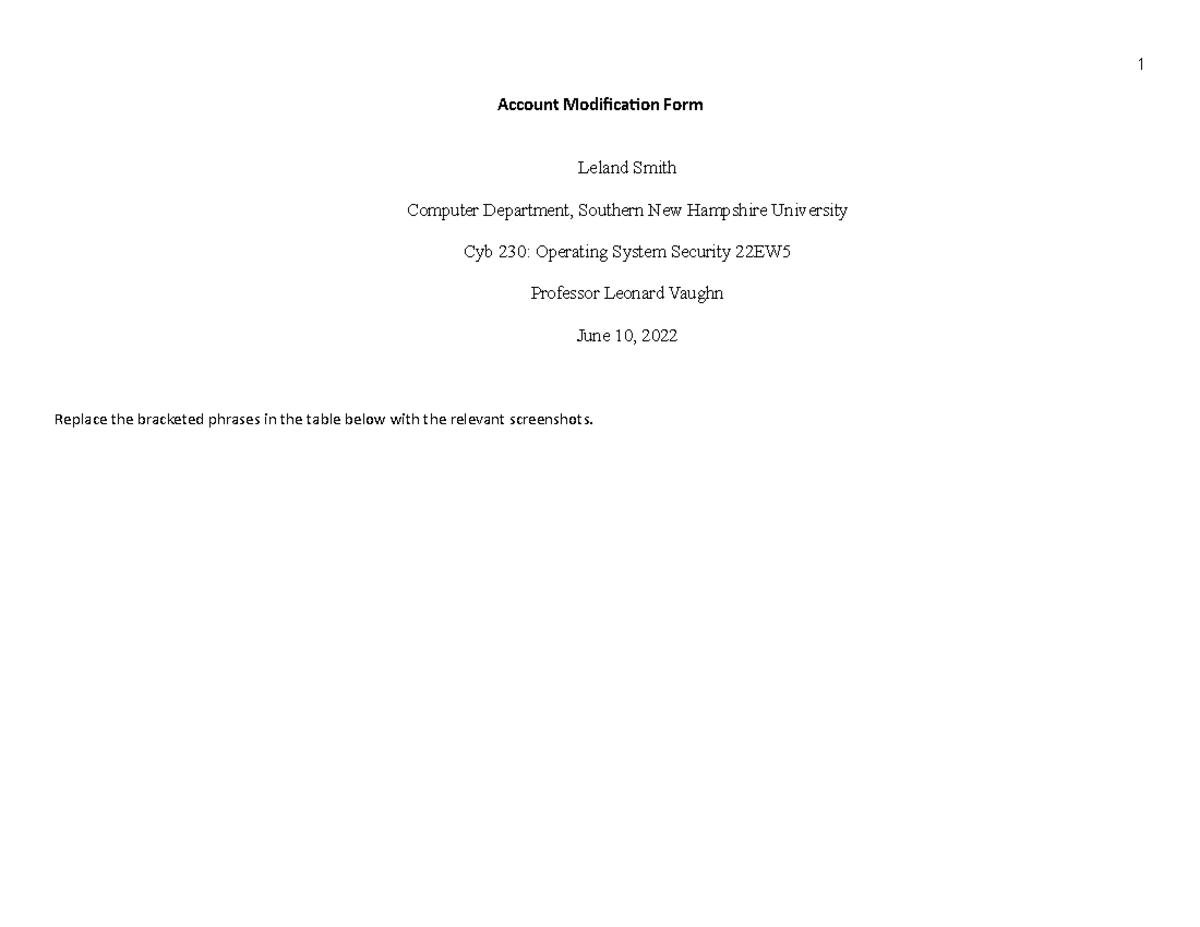 Cyb 230 Project 1 Leland Smith - Account Modification Form Leland Smith ...