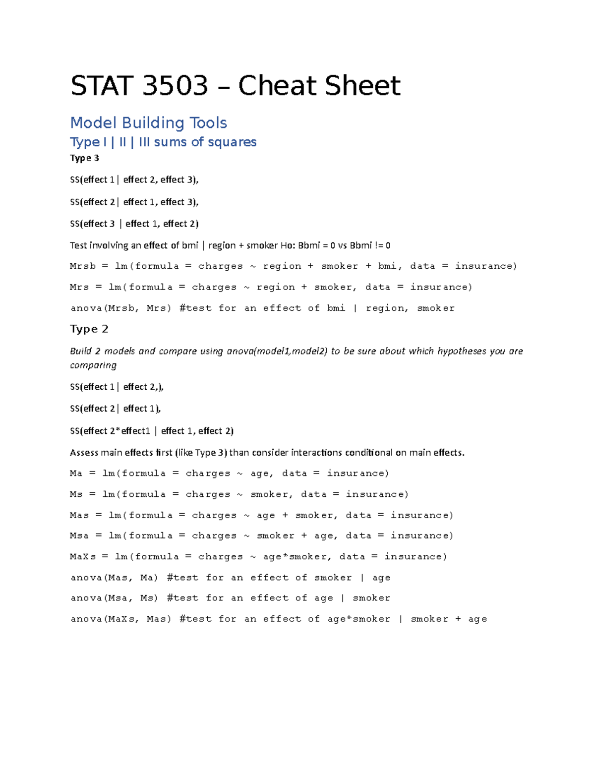 STAT 3503 – Comprehensive Cheat Sheet for Model Building Techniques ...