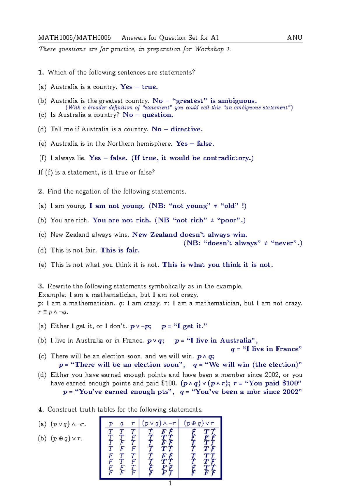 Practice answers for question set A1 ANU - Studocu