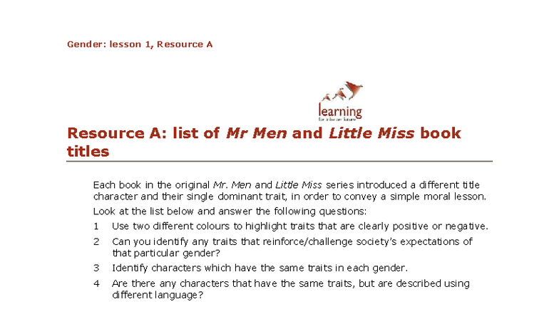Gender: Lesson 1 - Mr. Men & Little Miss Character Traits Analysis ...