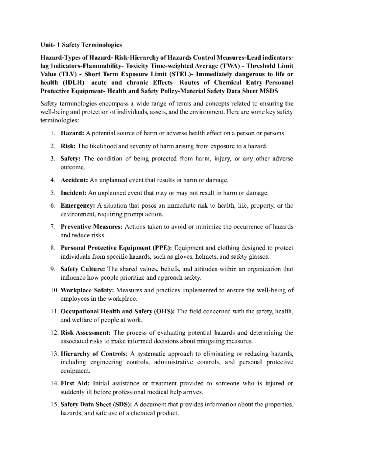 Unit 1: Key Safety Terminologies in Hazards Control and Risk Management ...