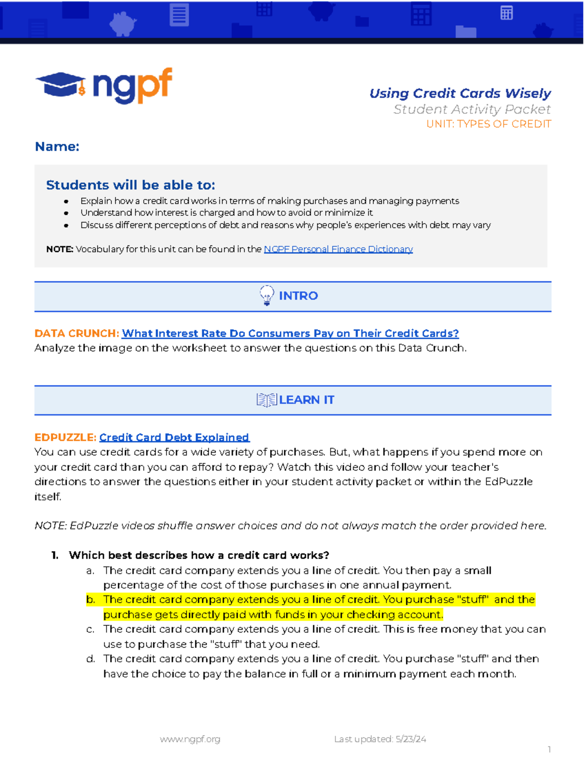 Using Credit Cards Wisely: Student Activity Packet (Unit: Types of ...