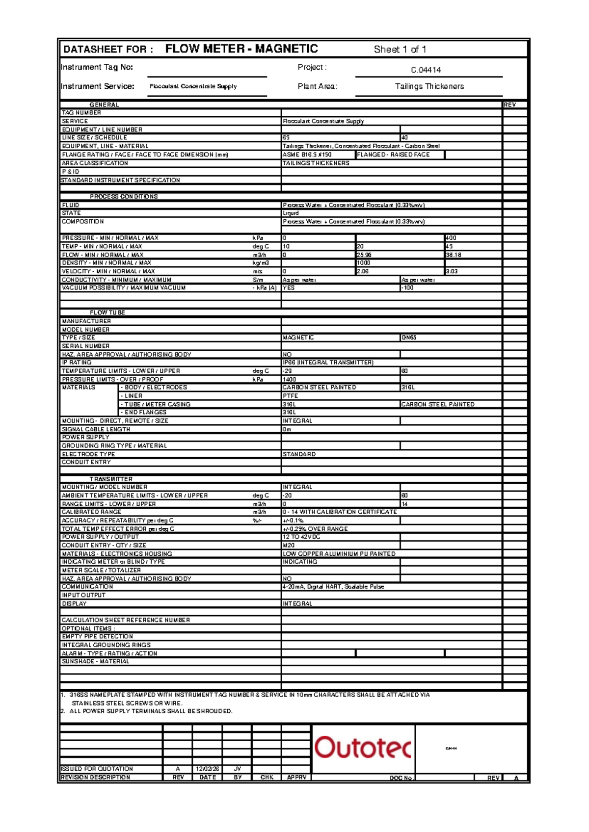 DATASHEET: FLOW METER MAGNETIC (C.04414) - DN65 Concentrate - Studocu