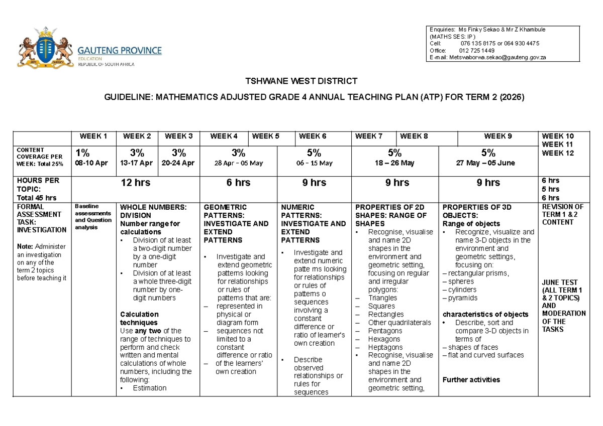 TERM 2 MATHS ADJUSTED ANNUAL TEACHING PLAN (ATP) GRADE 4-6 (2026) - Studocu