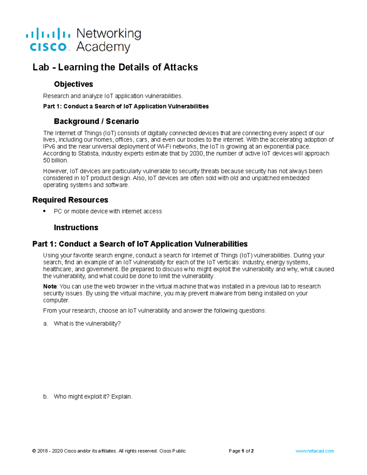 1.2.3 Lab - Analyzing IoT Vulnerabilities and Security Threats - Studocu