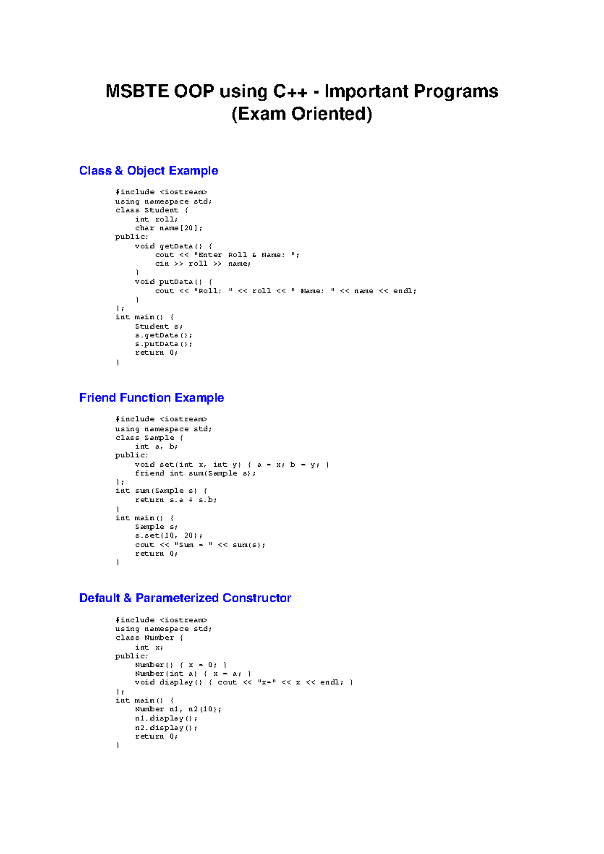 MSBTE OOP C++ Programs: Important Exam-Oriented Examples - Studocu