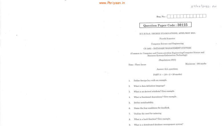 Database Management System - CS3492 2023 April/May Exam Paper - Studocu