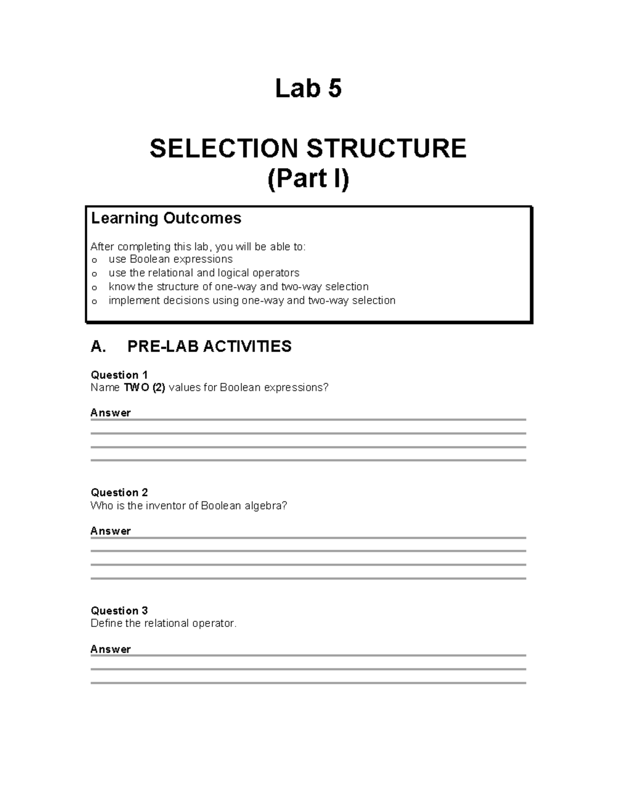 Lab 5 SELECTION STRUCTURE - Comprehensive Learning Notes - Studocu