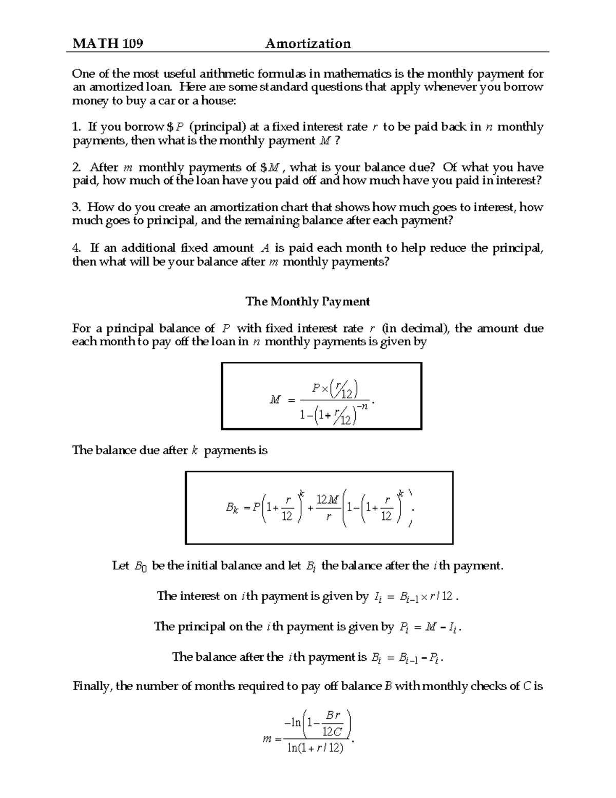 Amortization of Mortgages 2 - MATH 1 09 Amortization One of the most ...