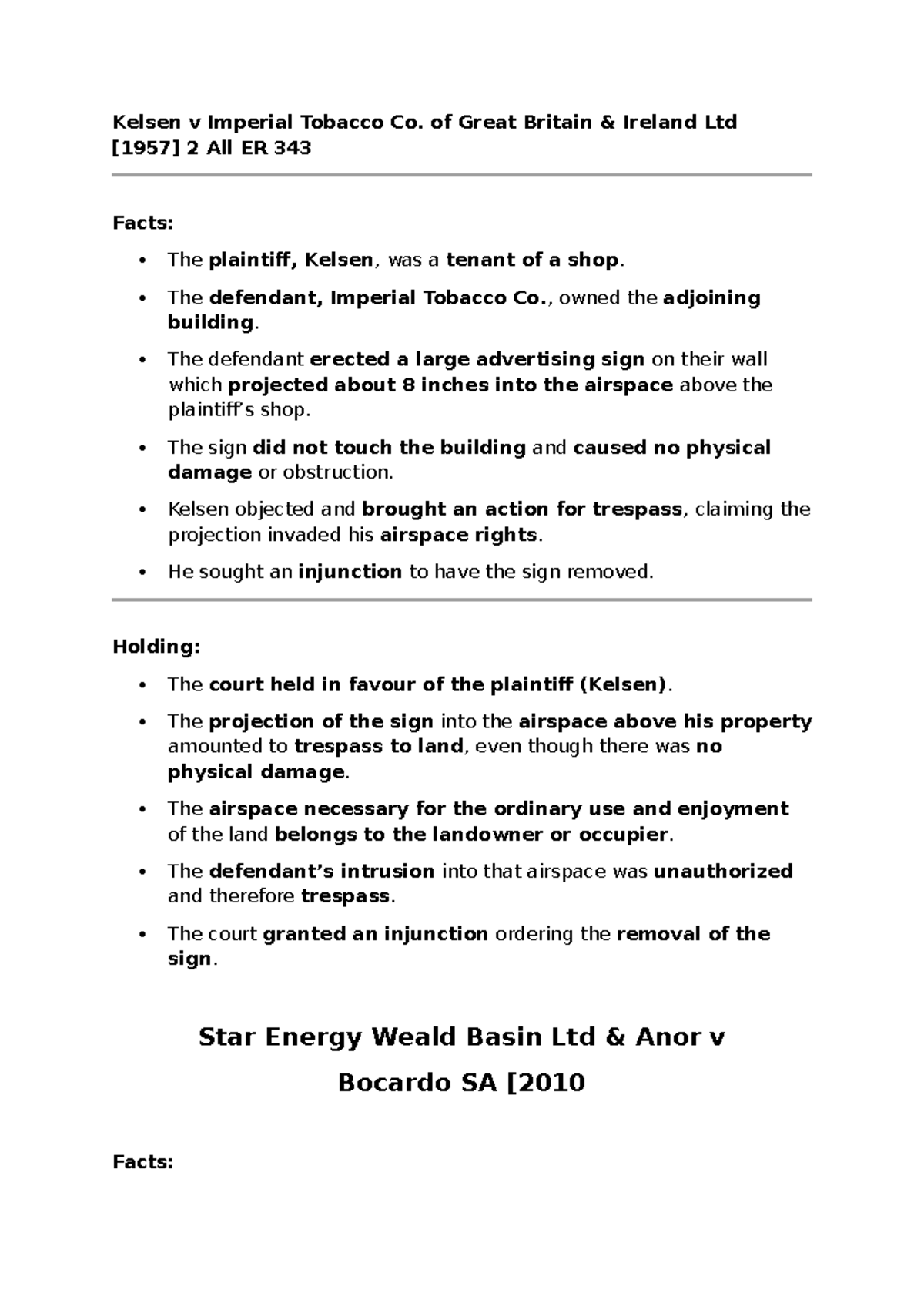 kelsen v imperial tobacco co ltd LAND LAW CASE Briefs: Kelsen v Imperial Tobacco & Bocardo SA