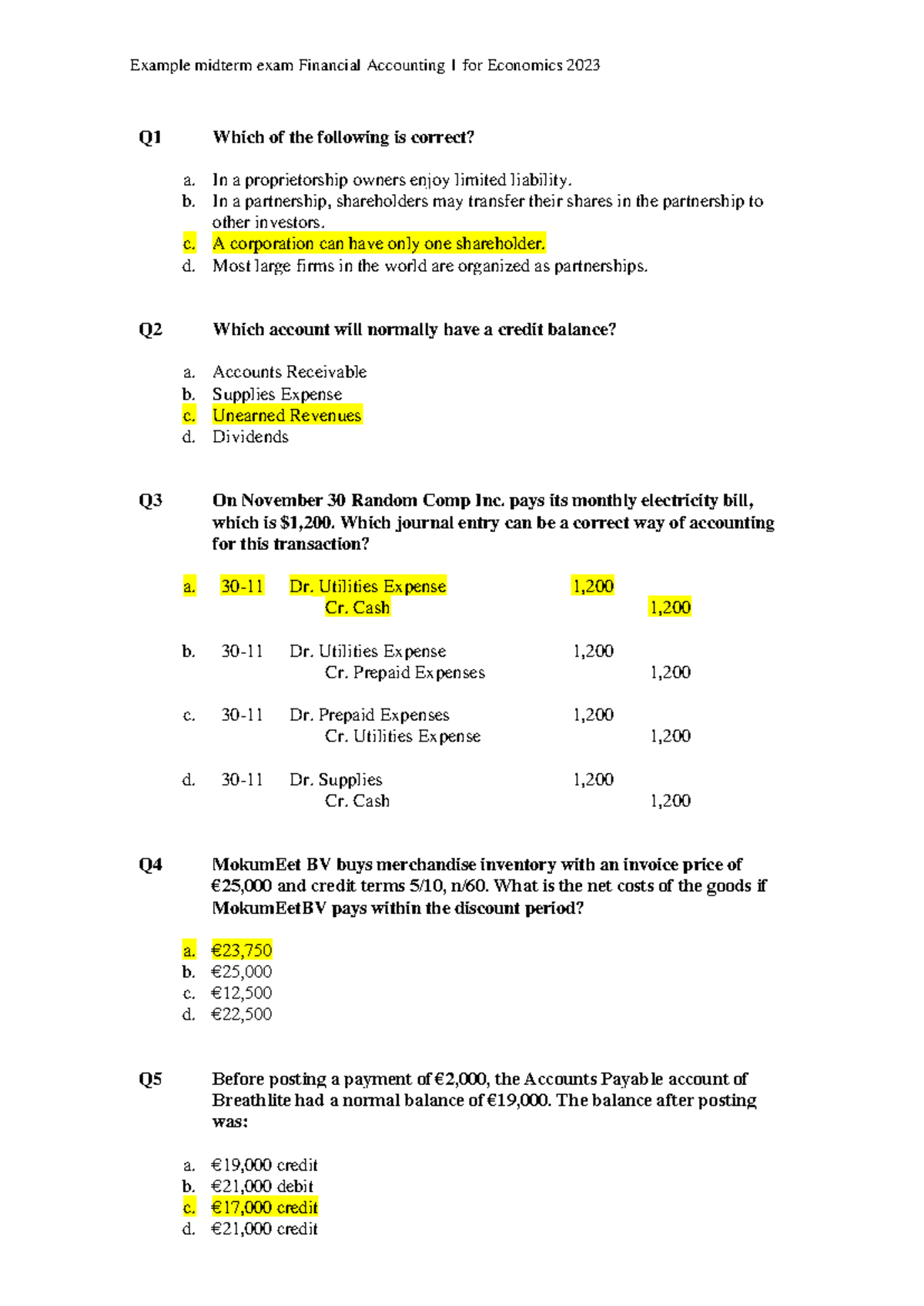 Example Midterm Exam Financial Accounting 1 for Economics 2023 with ...