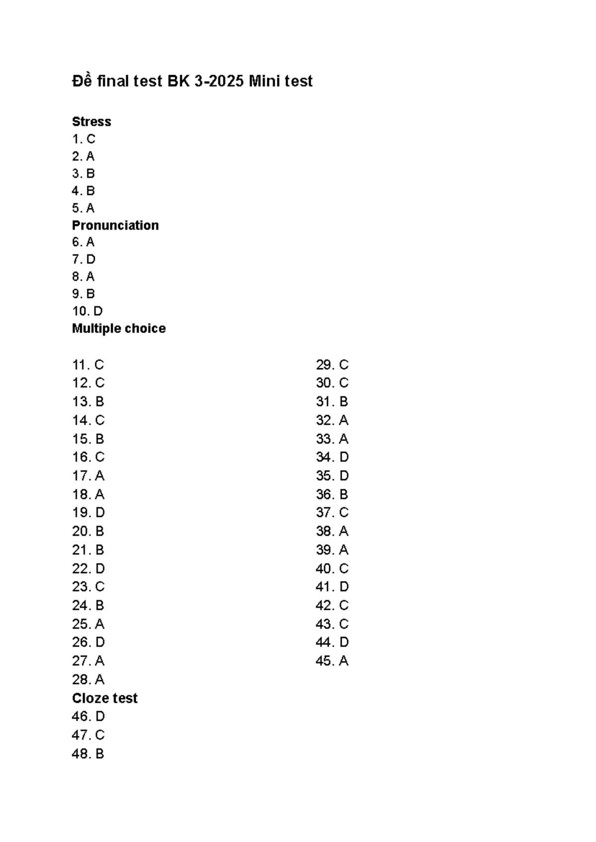 Đề Final Test BK 3-2025: Mini Test on Stress and Pronunciation - Studocu