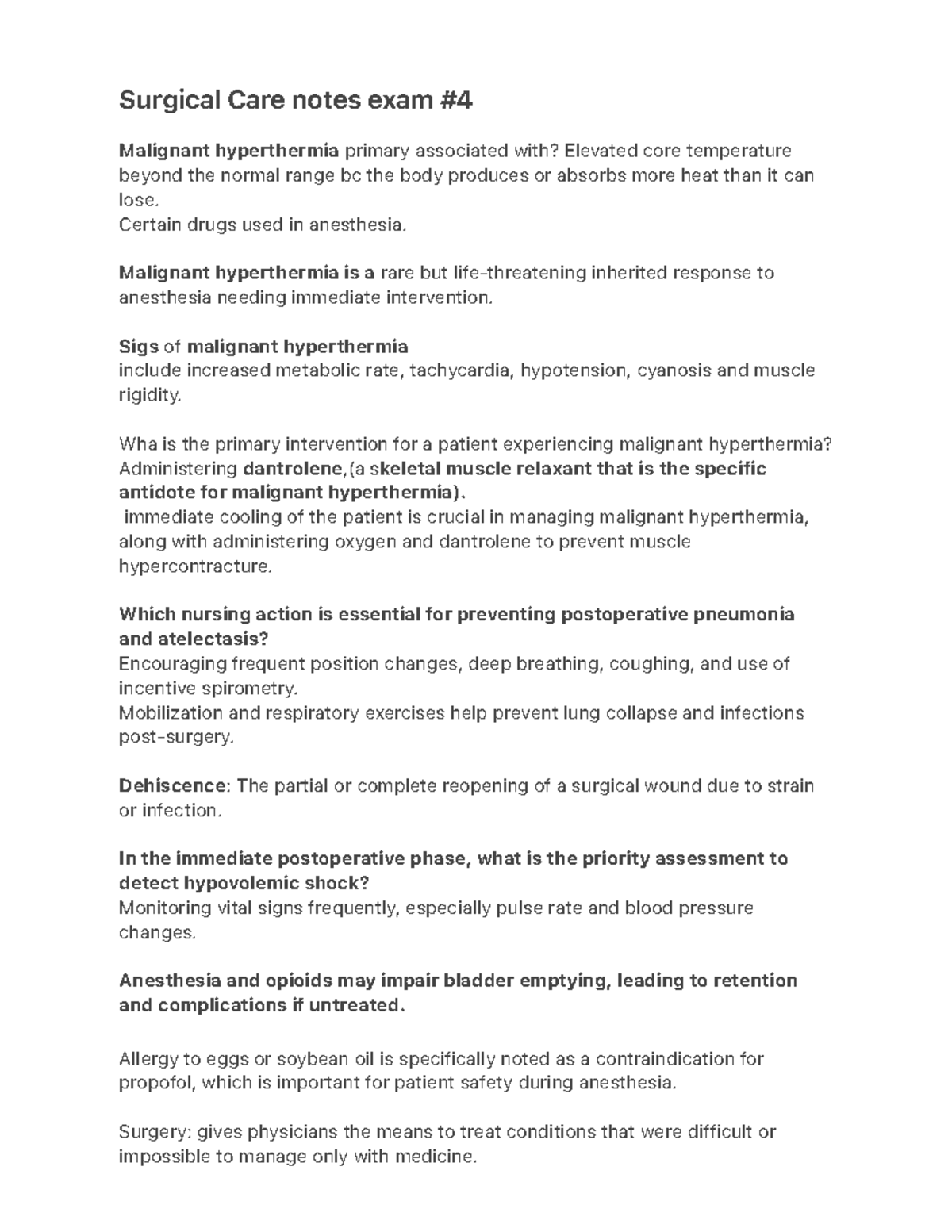 Surgical Care Notes Exam #4: Malignant Hyperthermia & Postoperative ...