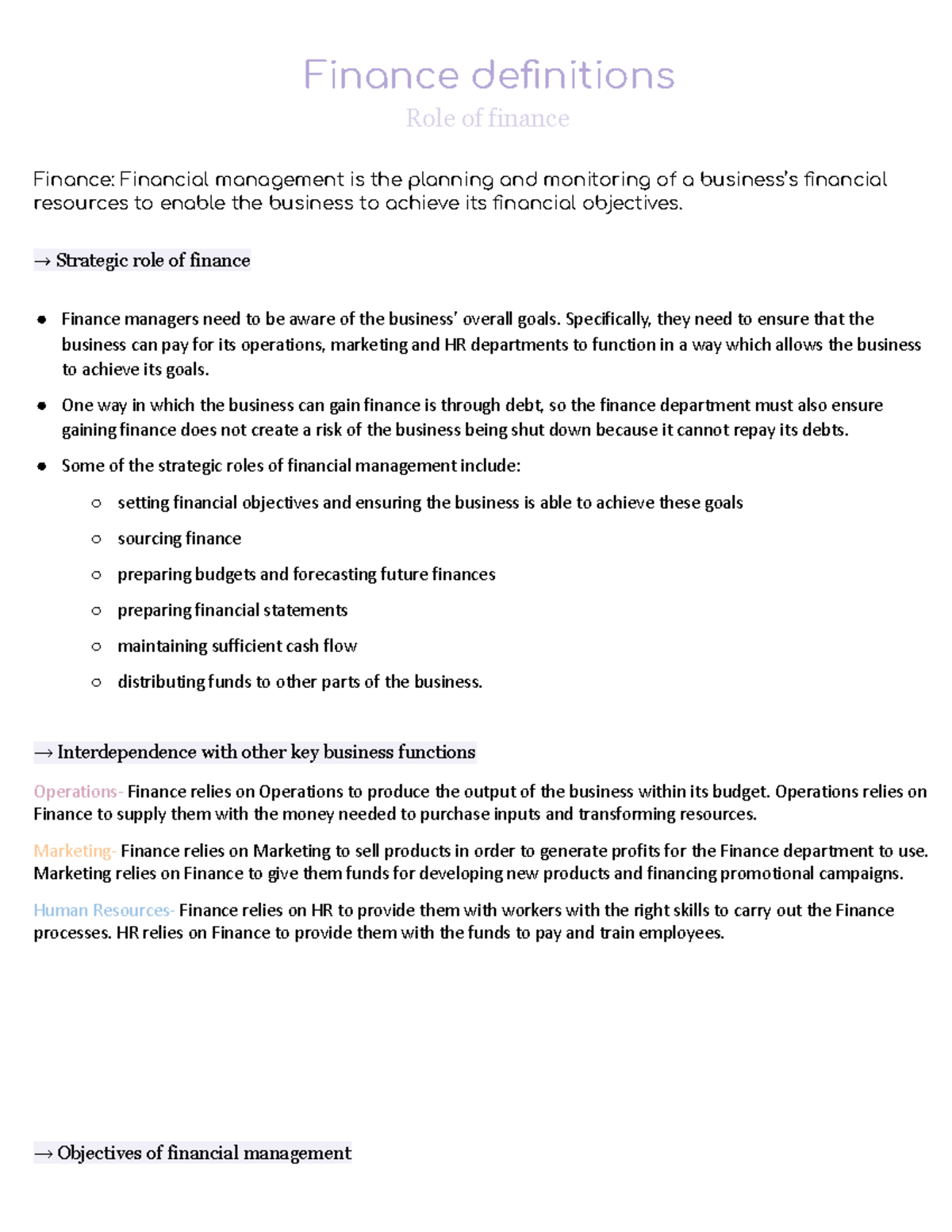 Finanace definitions - Busniess studies - Finance definitions Role of ...
