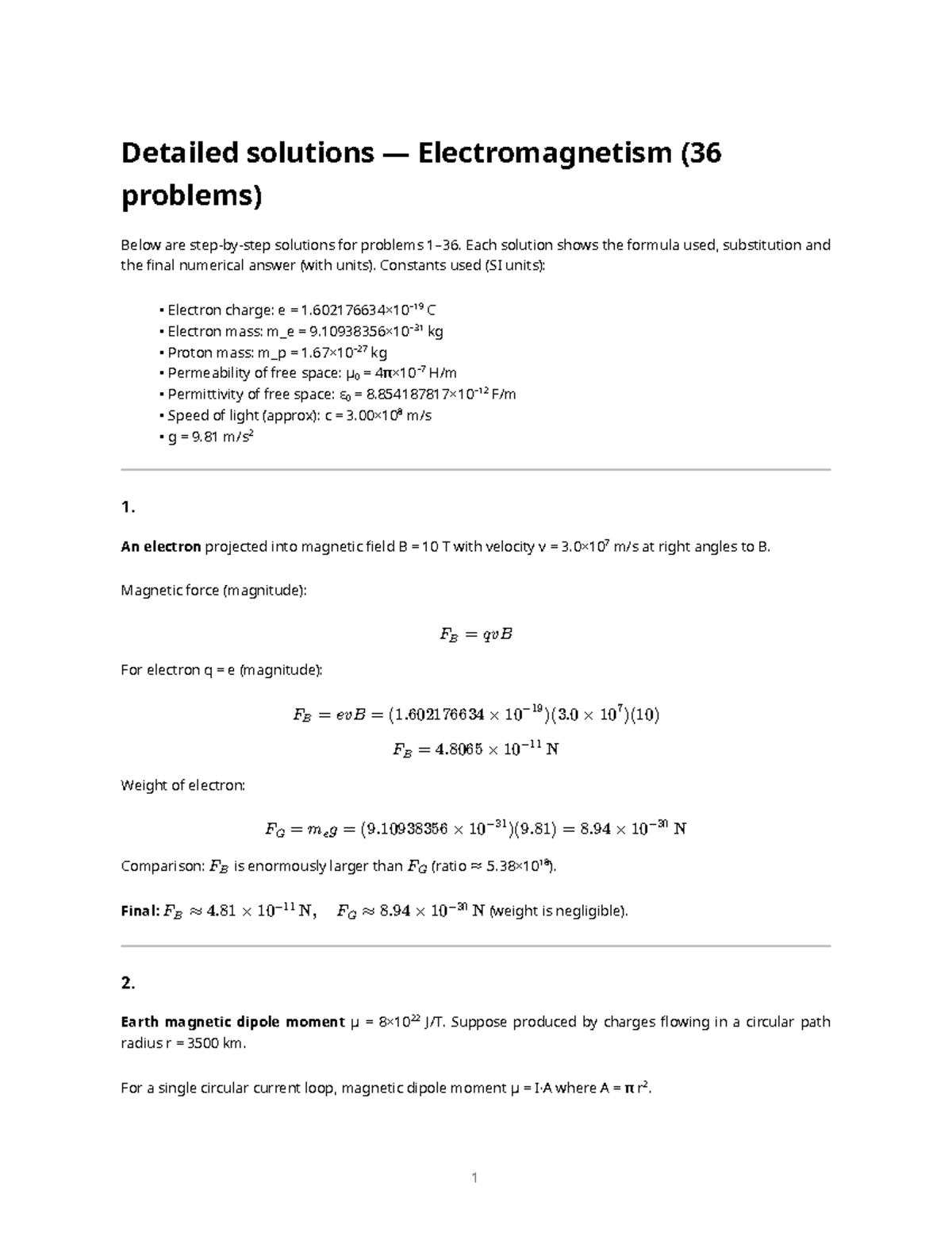 Electromagnetism PHYS 101: Detailed Solutions to 36 Problems - Studocu