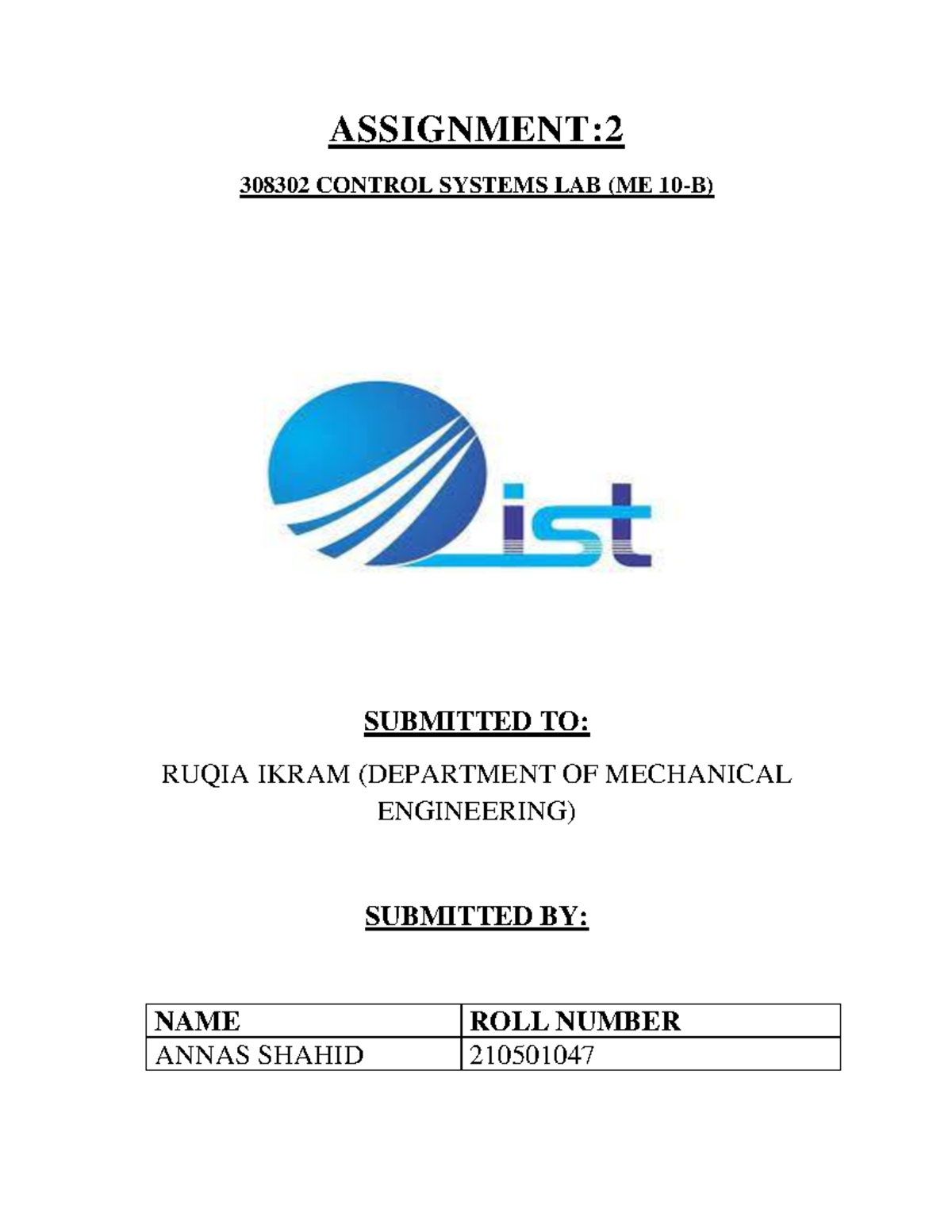 Control systems assignment - Control Systems Lab - ASSIGNMENT: 2 308302 ...