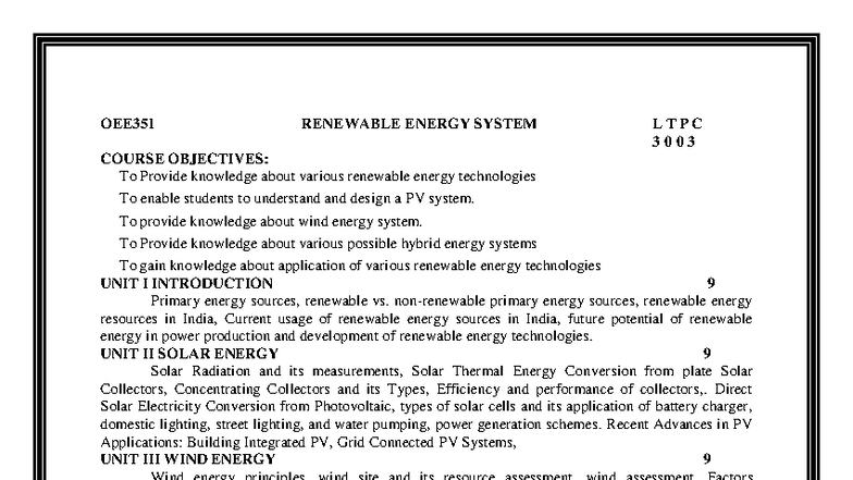 OEE351 Renewable Energy Systems: Comprehensive Course Overview - Studocu