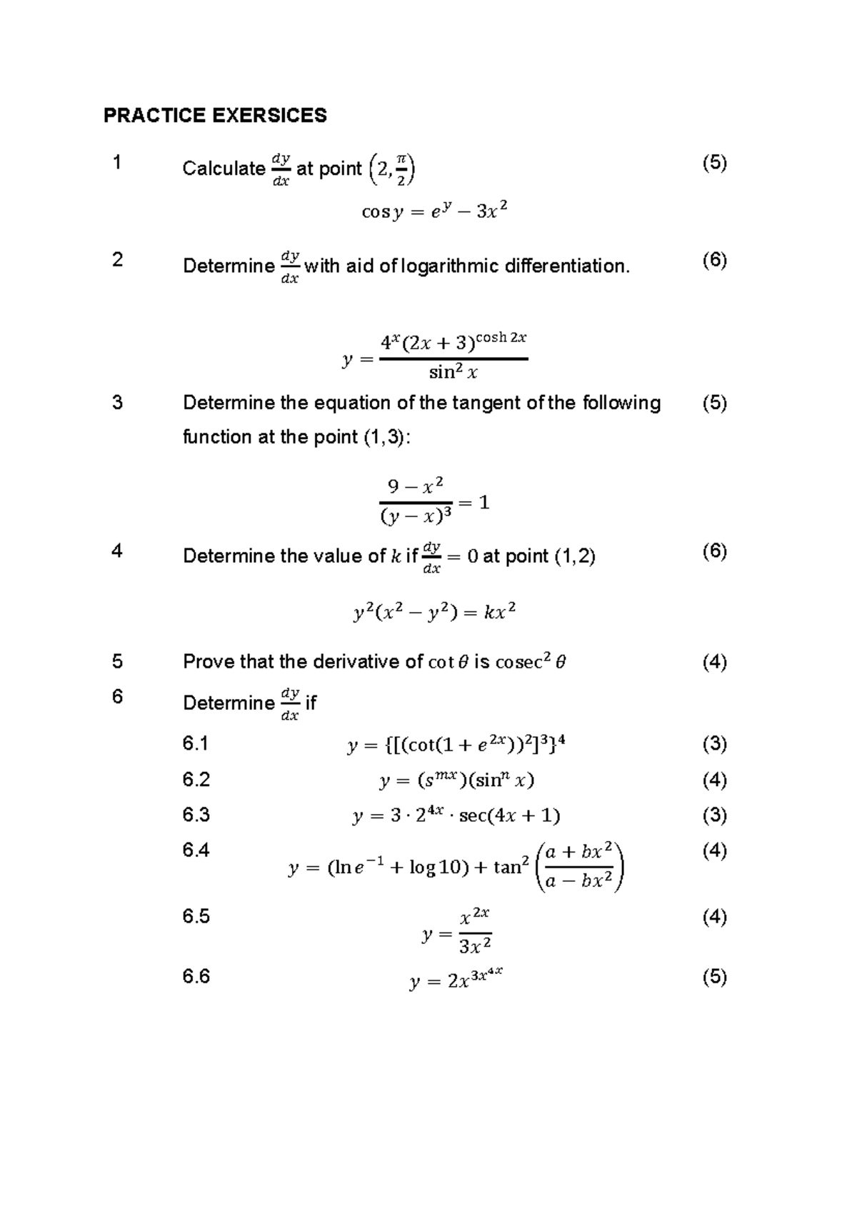Calculus Practice Exercises: Derivatives & Tangents (MATH101) - Studocu