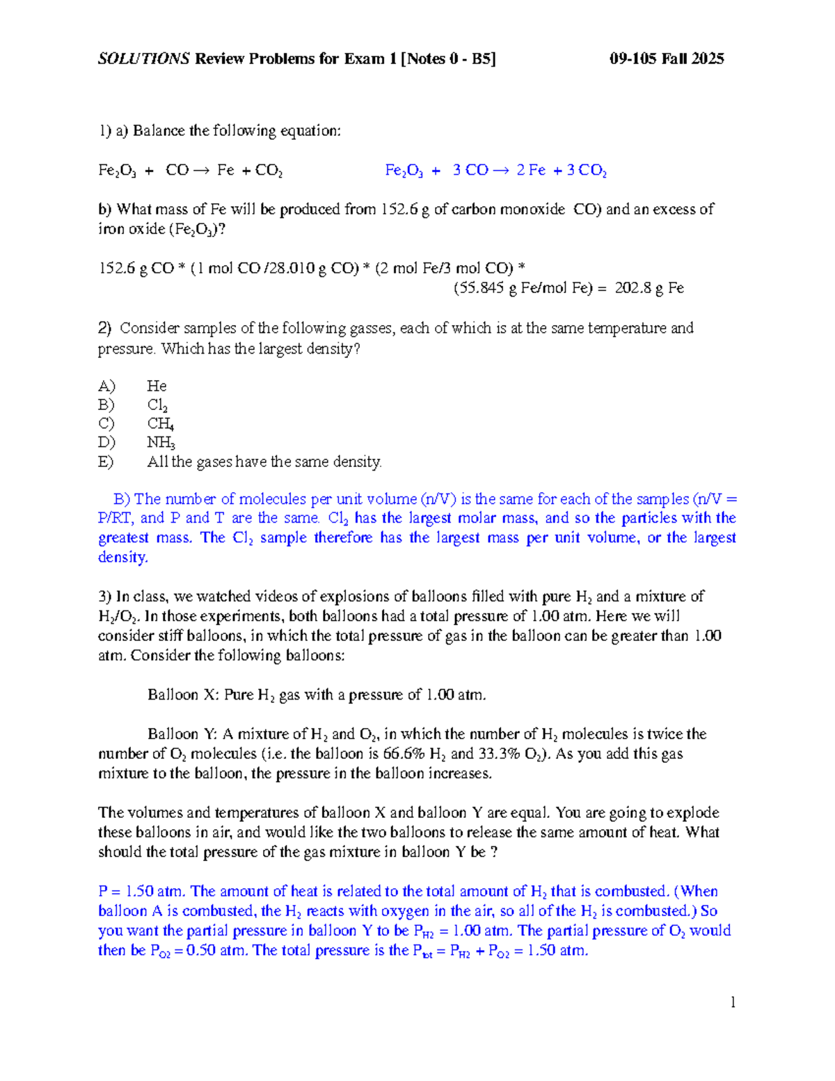 Solutions Review Problems for Exam 1 - Chem 09-105 Fall 2025 - Studocu