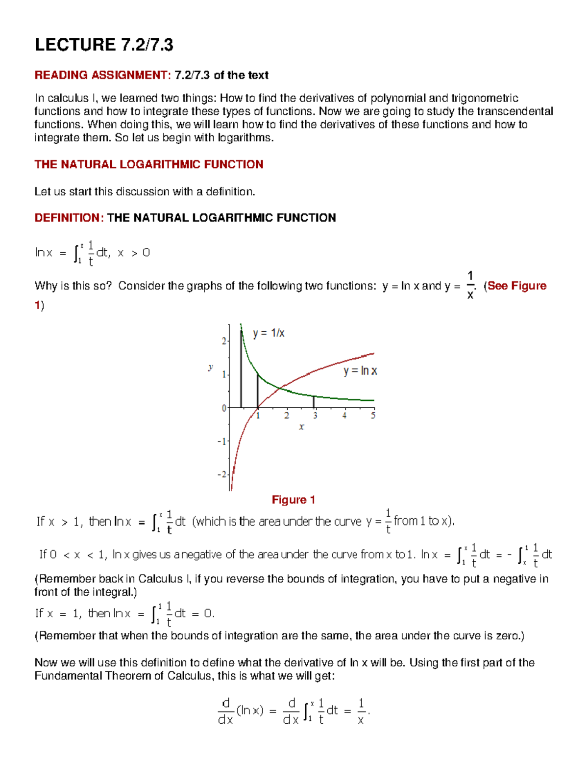 LECTURE NOTES: Derivatives & Integrals of Logarithmic Functions (Calc I ...