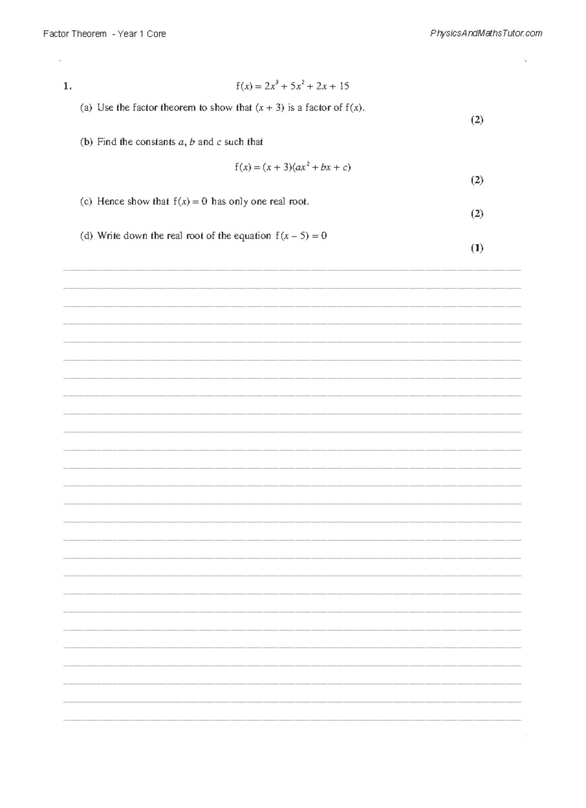 Factor Theorem Questions and Solutions - Year 1 Core PMT - Studocu