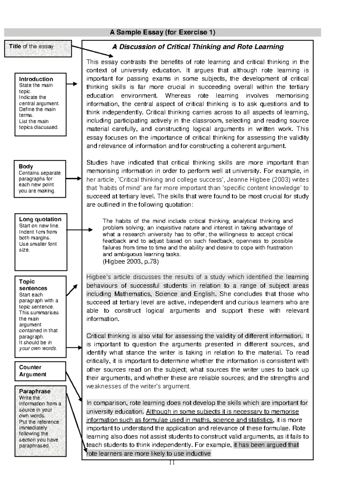 Critical Thinking vs. Rote Learning: Essay Format Guide for UNI 101 ...