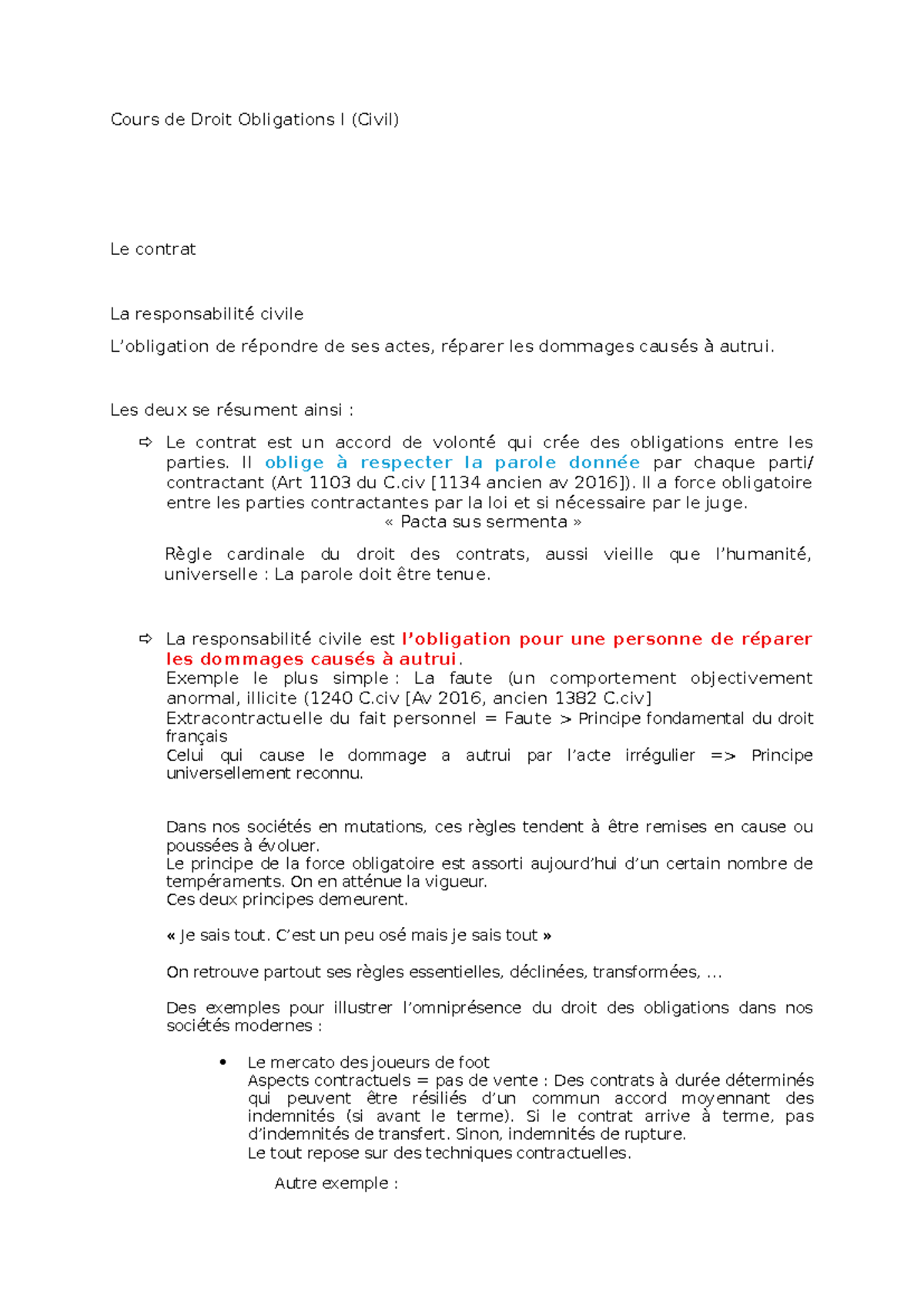 Notes de Cours : Droit des Obligations I - Contrats et Responsabilité ...