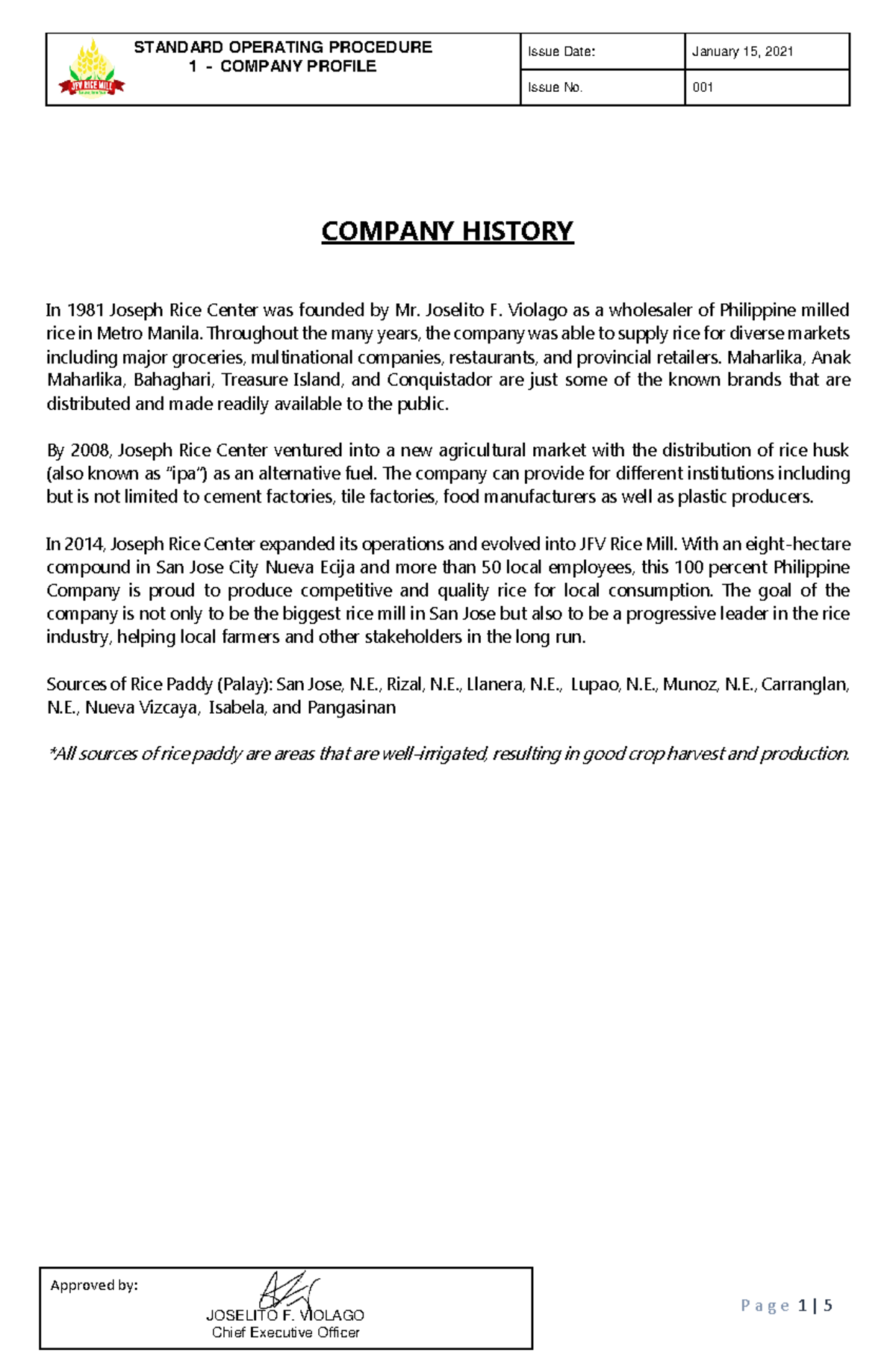 JFV RICE MILL Company Profile Overview and Operations Summary - Studocu