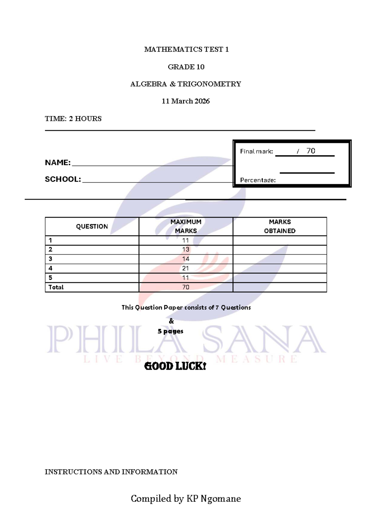 MATHEMATICS TEST GRADE 10: ALGEBRA & TRIGONOMETRY - 11 MAR 2026 - Studocu