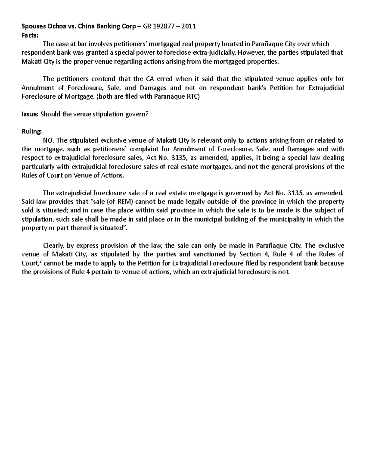 Legal Analysis of Spouses Ochoa vs. China Banking Corp – GR 192877 ...