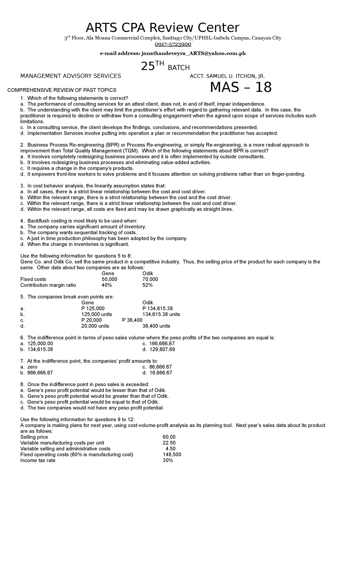 Comprehensive Review of Management Advisory Services (MAS-18) - Studocu
