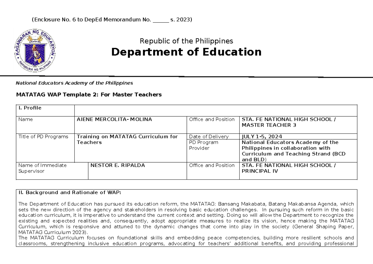 MATATAG Curriculum Training for Master Teachers (DepEd Mgt. Doc) - Studocu