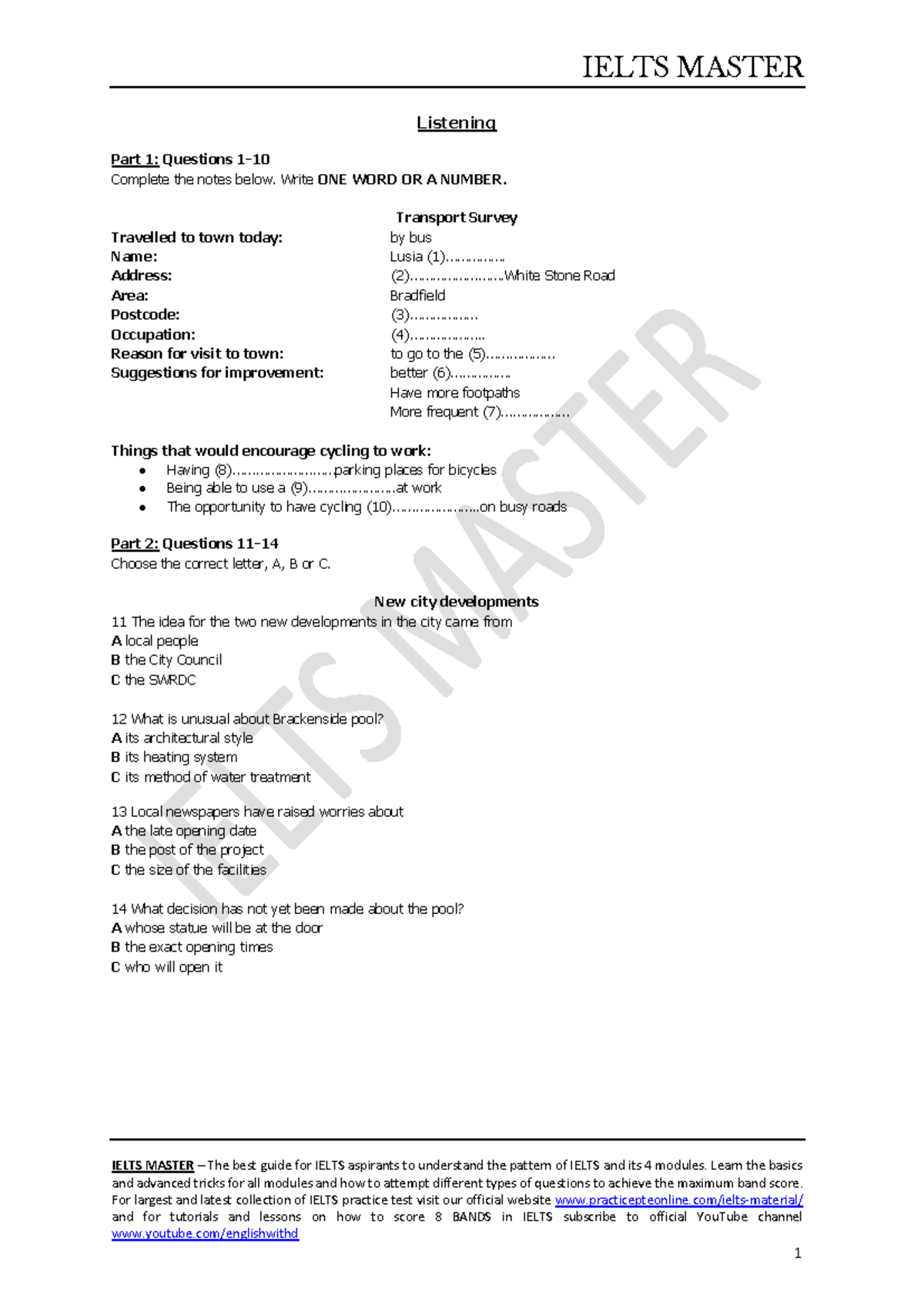 IELTS MASTER Listening Practice: Test 1 Questions & Answers - Studocu
