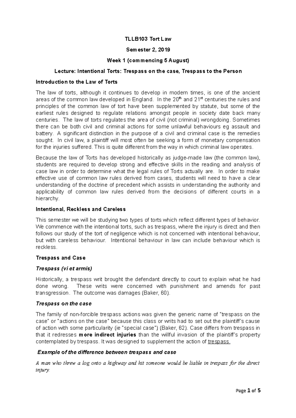 TLLB103 Semester 2, 2019: Week 1 Lecture on Intentional Torts - Studocu