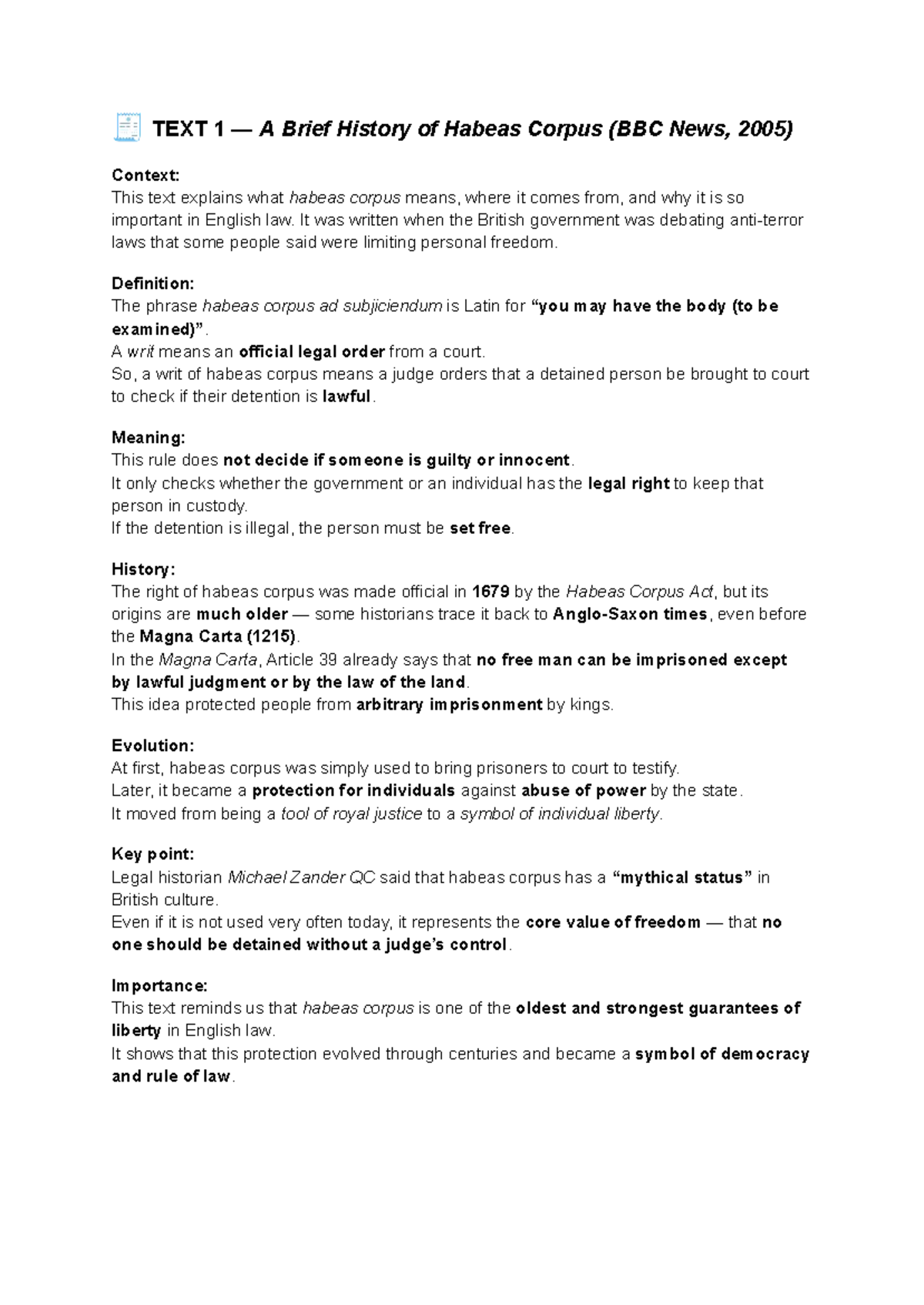 Td 6 English: A Brief History and Modern Use of Habeas Corpus - Studocu