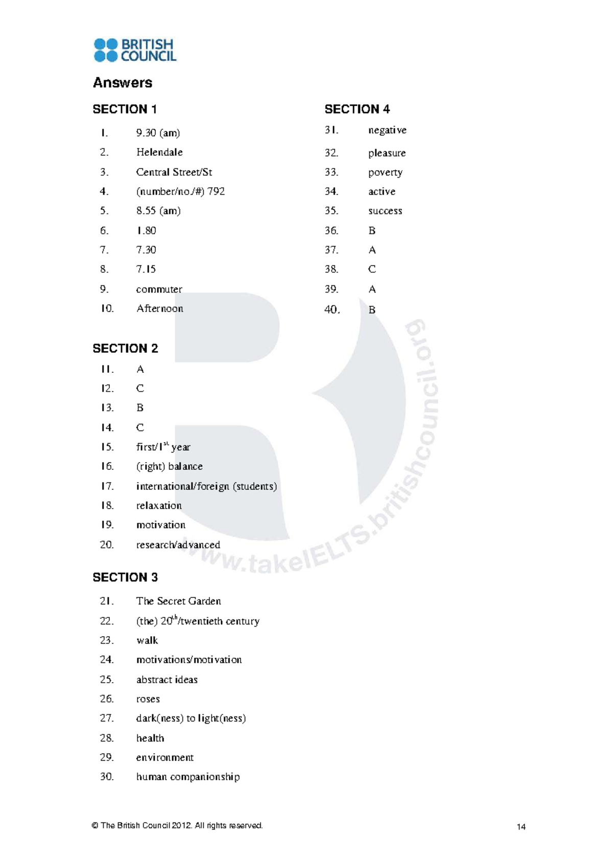 Key IELTS Listening Mock Test Answers (Sections 1-4) - Studocu
