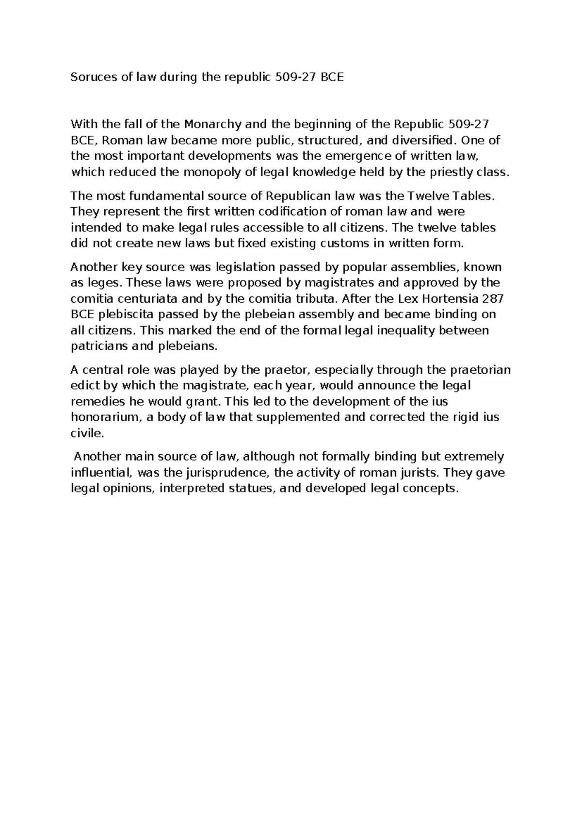 Principles of Roman Law: Sources During the Republic BCE - Studocu