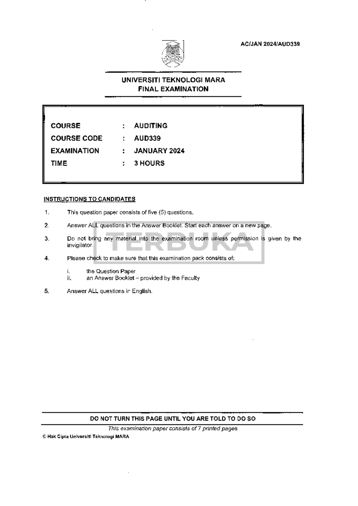 AUD339 Final Exam: Auditing Course January 2024 Question Paper - Studocu