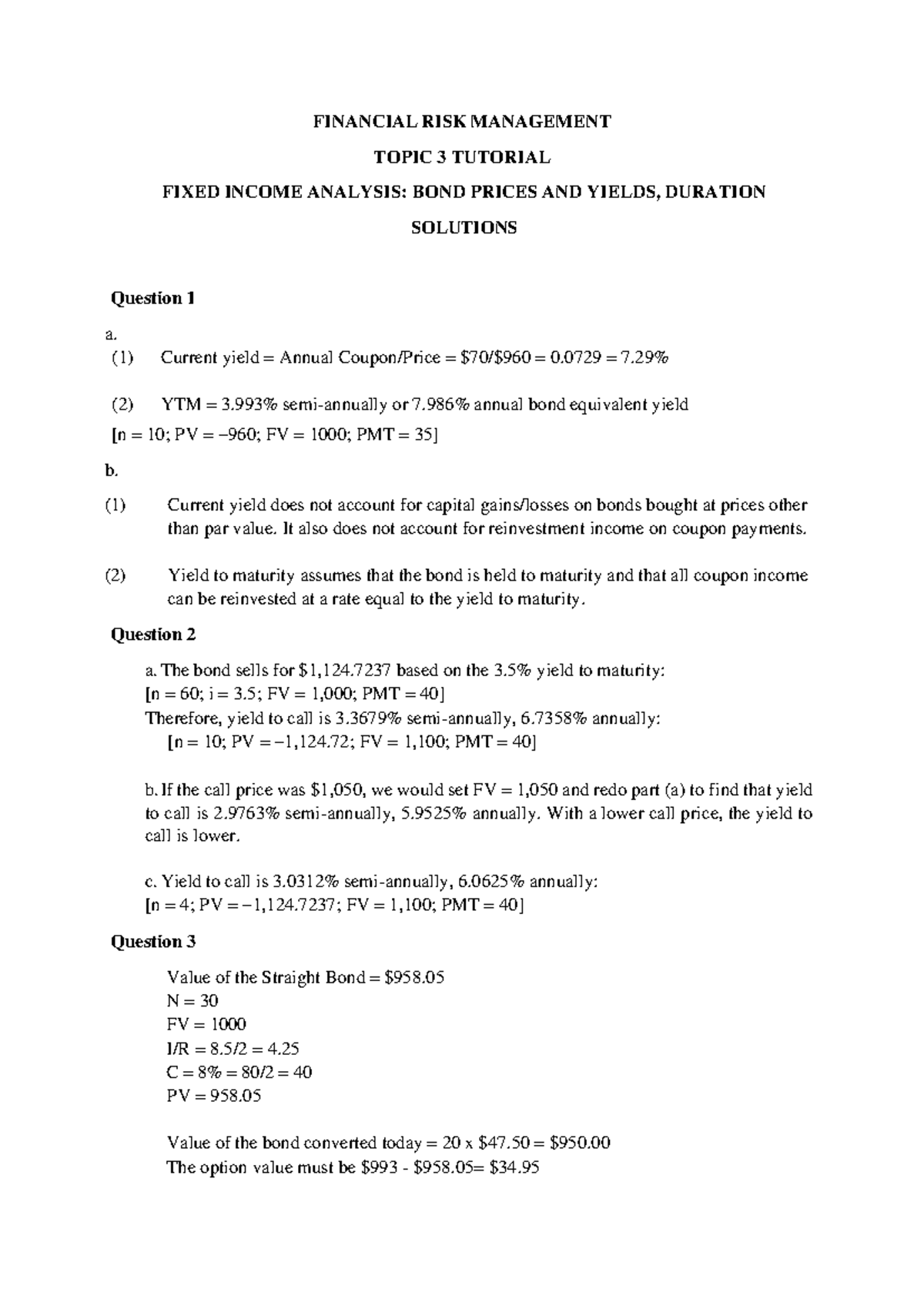 FIN 301 TUTORIAL 3 SOLUTIONS: FIXED INCOME ANALYSIS & BOND YIELDS - Studocu