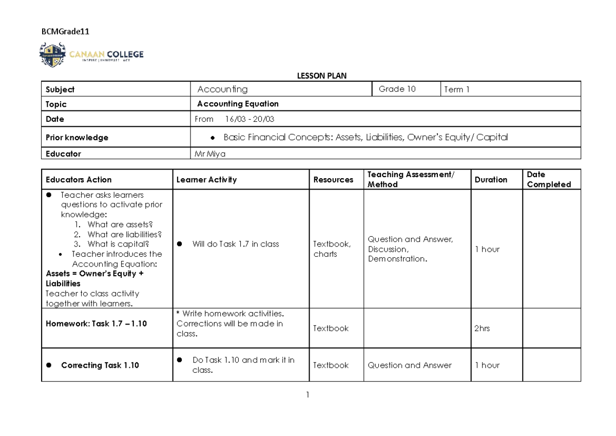 BCMGrade11 Accounting Lesson Plan: Understanding the Accounting ...
