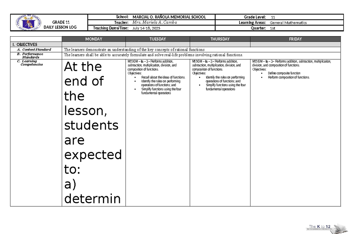 Grade 11 General Math Daily Lesson Log (M11GM Ia 3) - July 2025 - Studocu